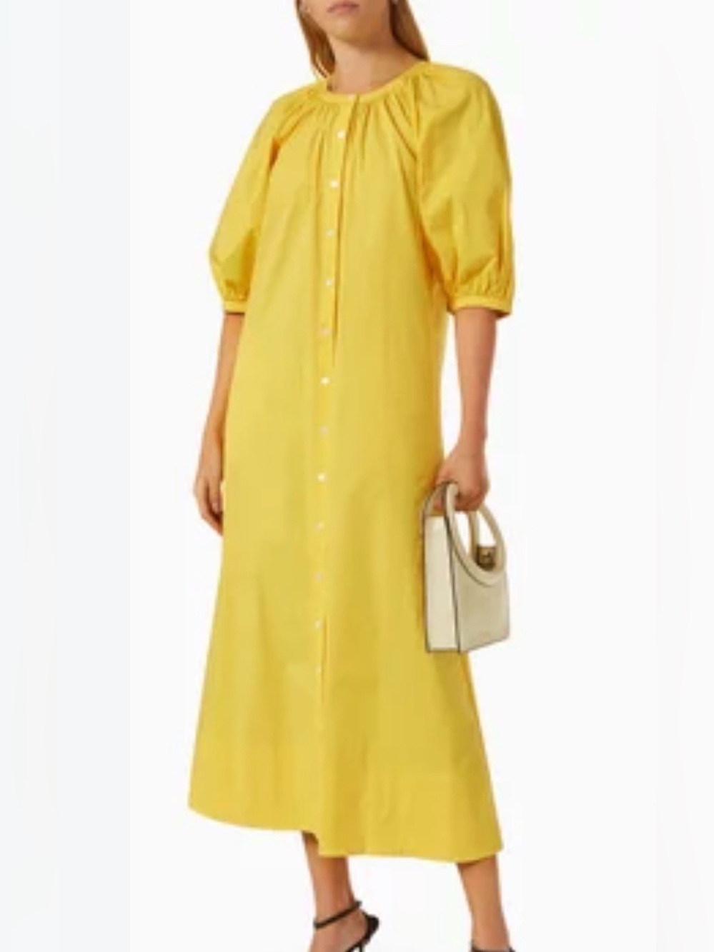 STAUD Yellow Puff-Sleeve Button-Front Maxi Dress